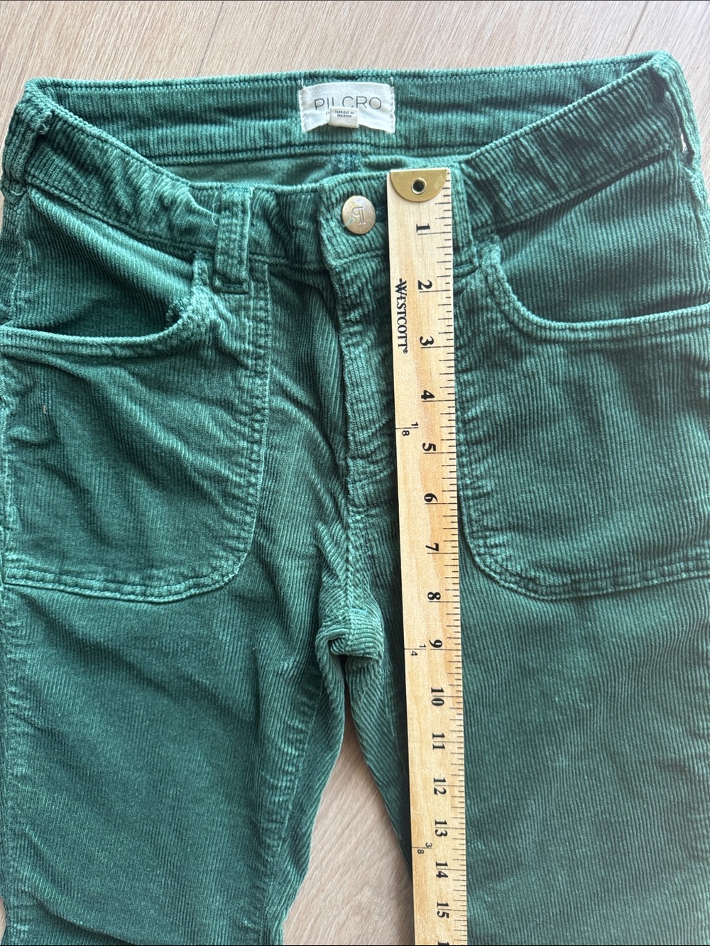 Anthropologie Pilcro The Low-Rise Icon Flare Corduroy Chop Pocket Green Size 25 - Picture 14 of 15